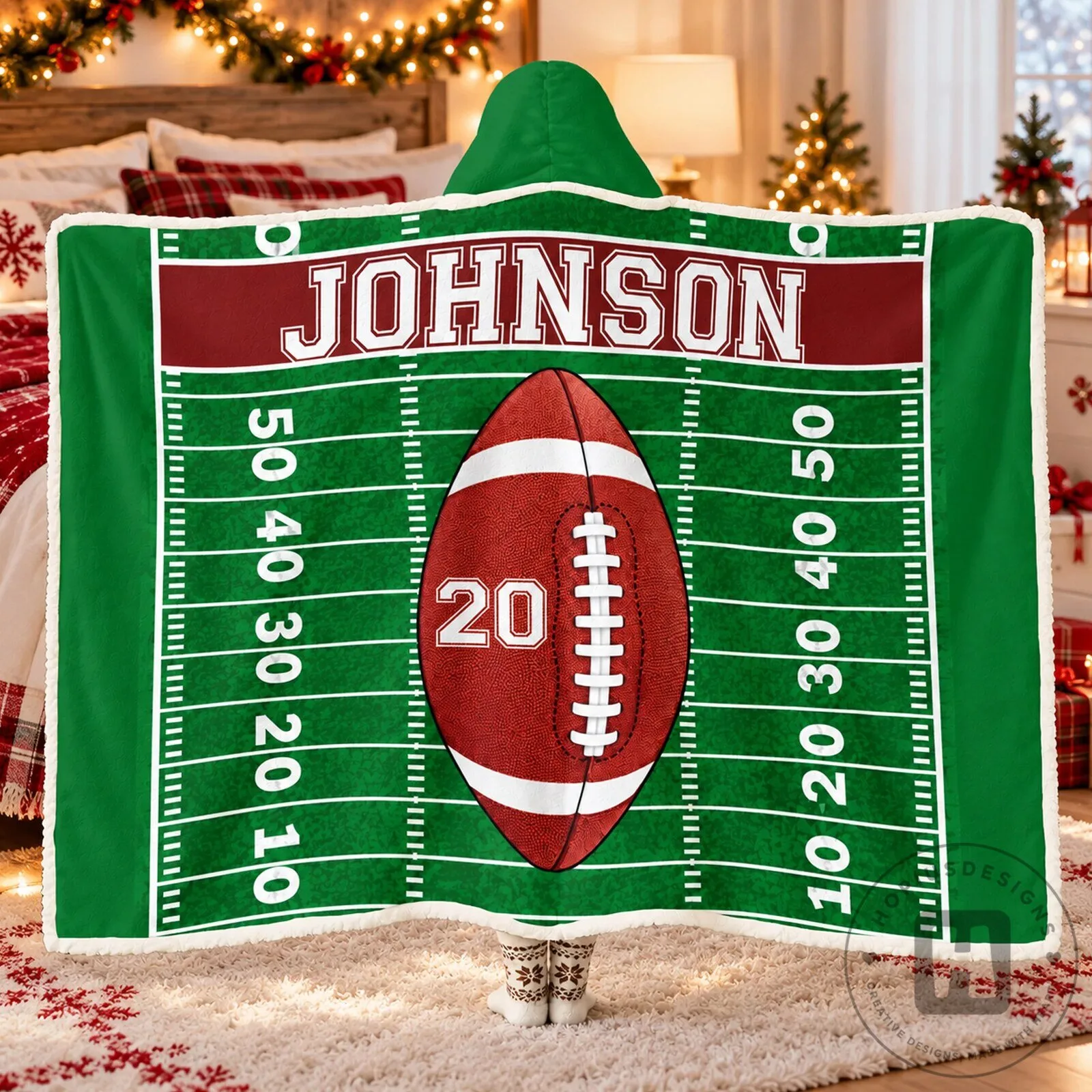 Personalized Football Field Hooded Blanket with Custom Name and Number