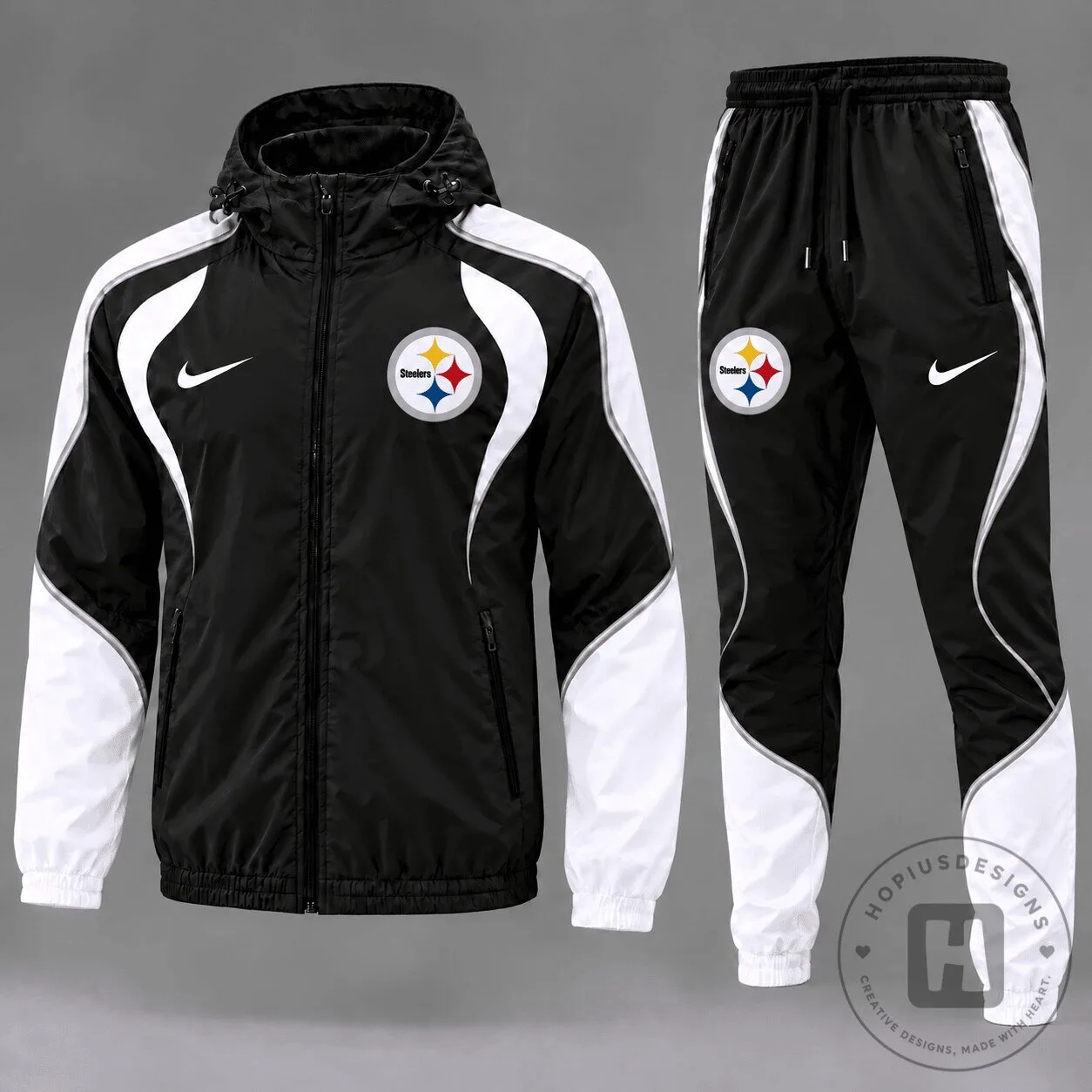 Pittsburgh Steelers Black and White Full-Zip Track Jacket and Jogger Pants Set