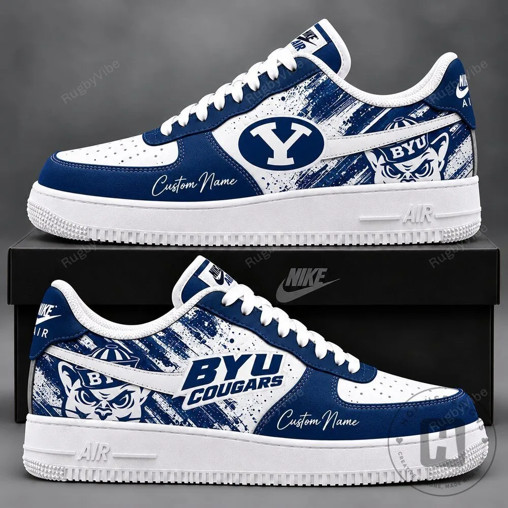 BYU Cougars NCAA Team Logo Custom Name White and Blue Athletic Sneakers