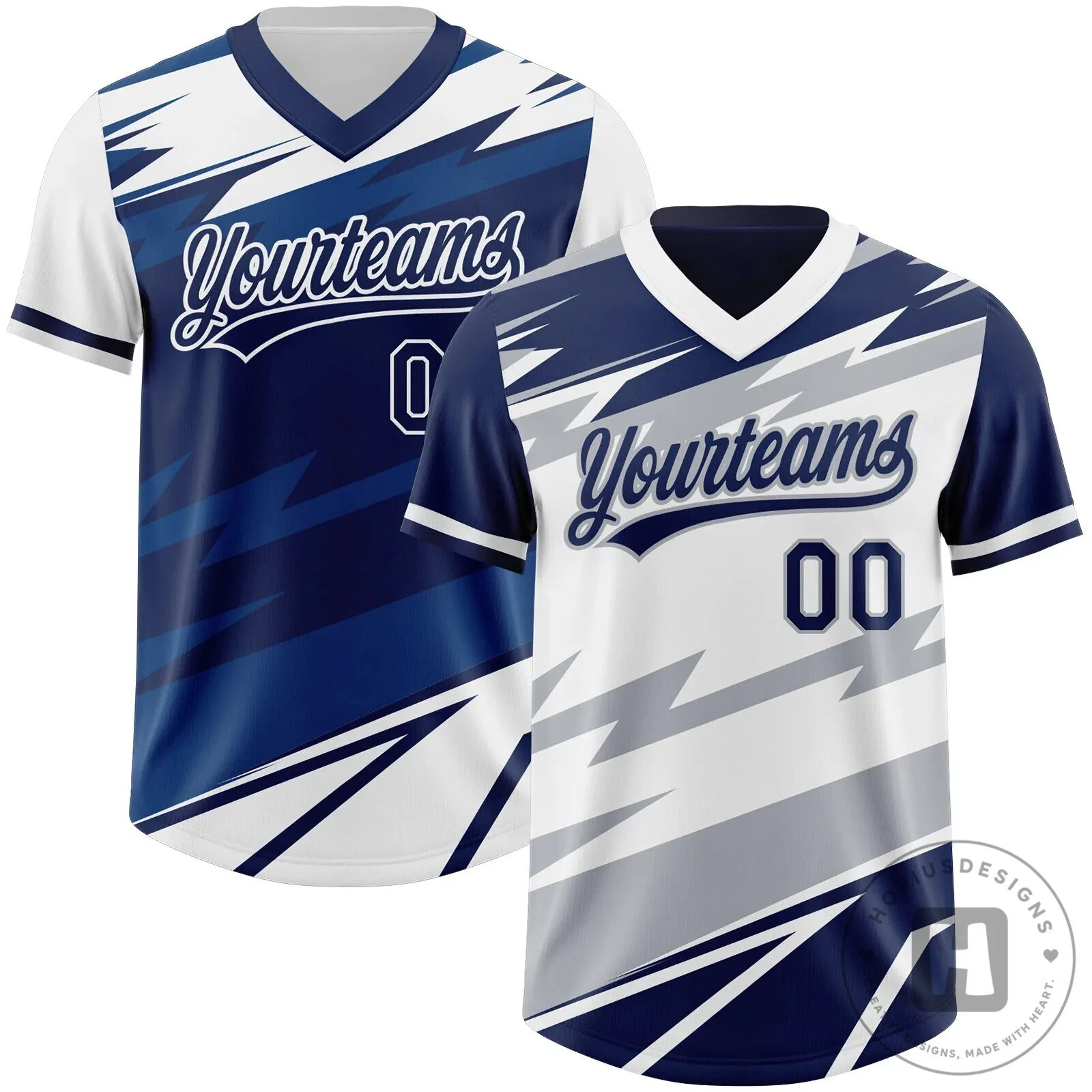 Custom Navy Blue White Lightning Geometric Zigzag Reversible Pullover Baseball Jersey