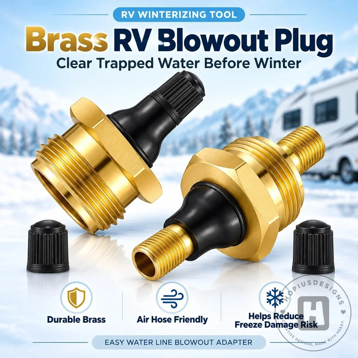 Brass RV Blowout Plug for Winterizing Camper Plumbing Accessory