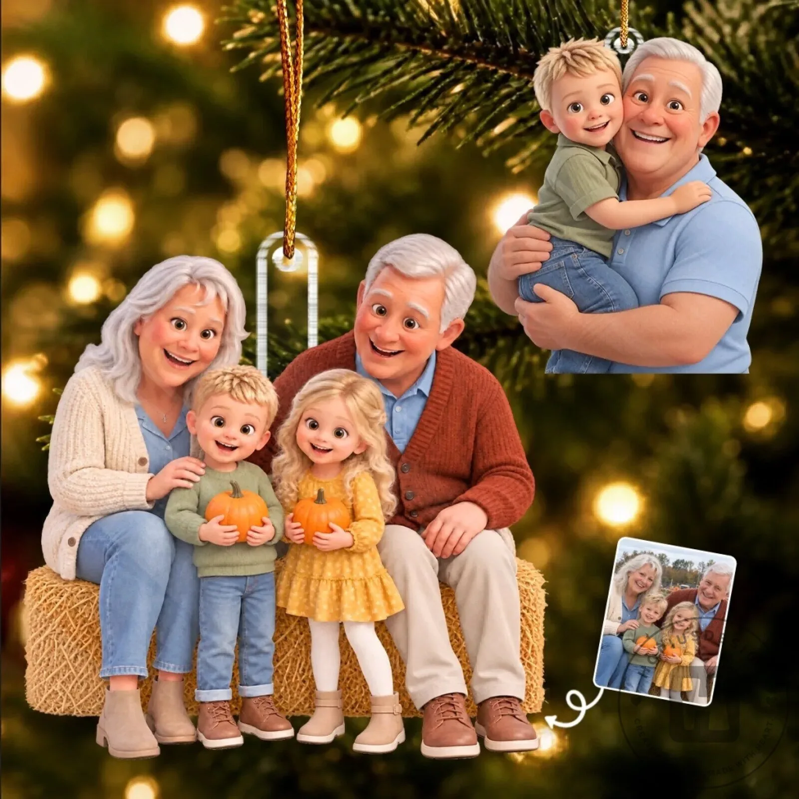 Personalized Family Portrait Christmas Ornament, Custom Photo Grandparents and Kids Gift