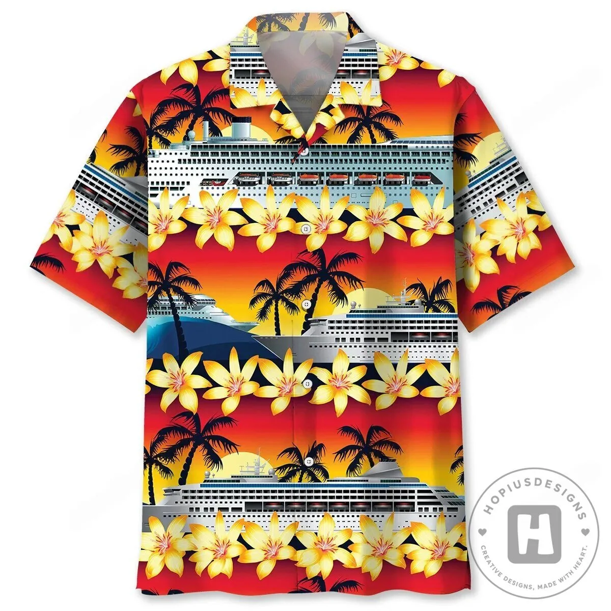 Hawaiian Shirt featuring Tropical Cruise Ship with Sunset and Palm Trees